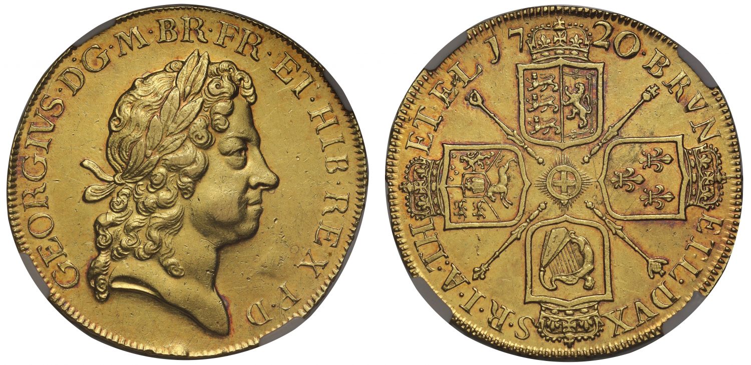 George I 1720 Five-Guineas, AU55, edge year SEXTO, rarest date for reign