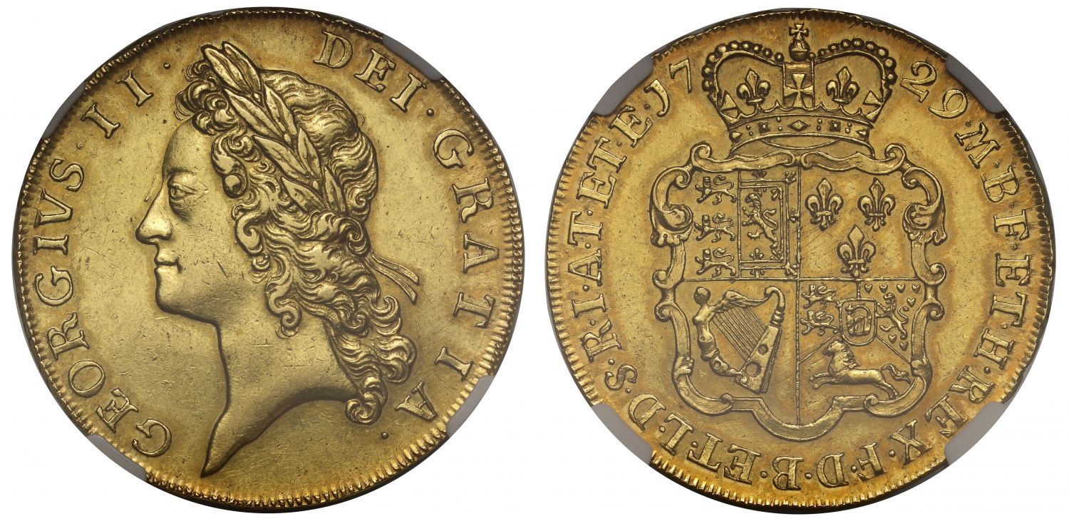 George II 1729 Five-Guineas, young bust, NGC AU58, plain below bust