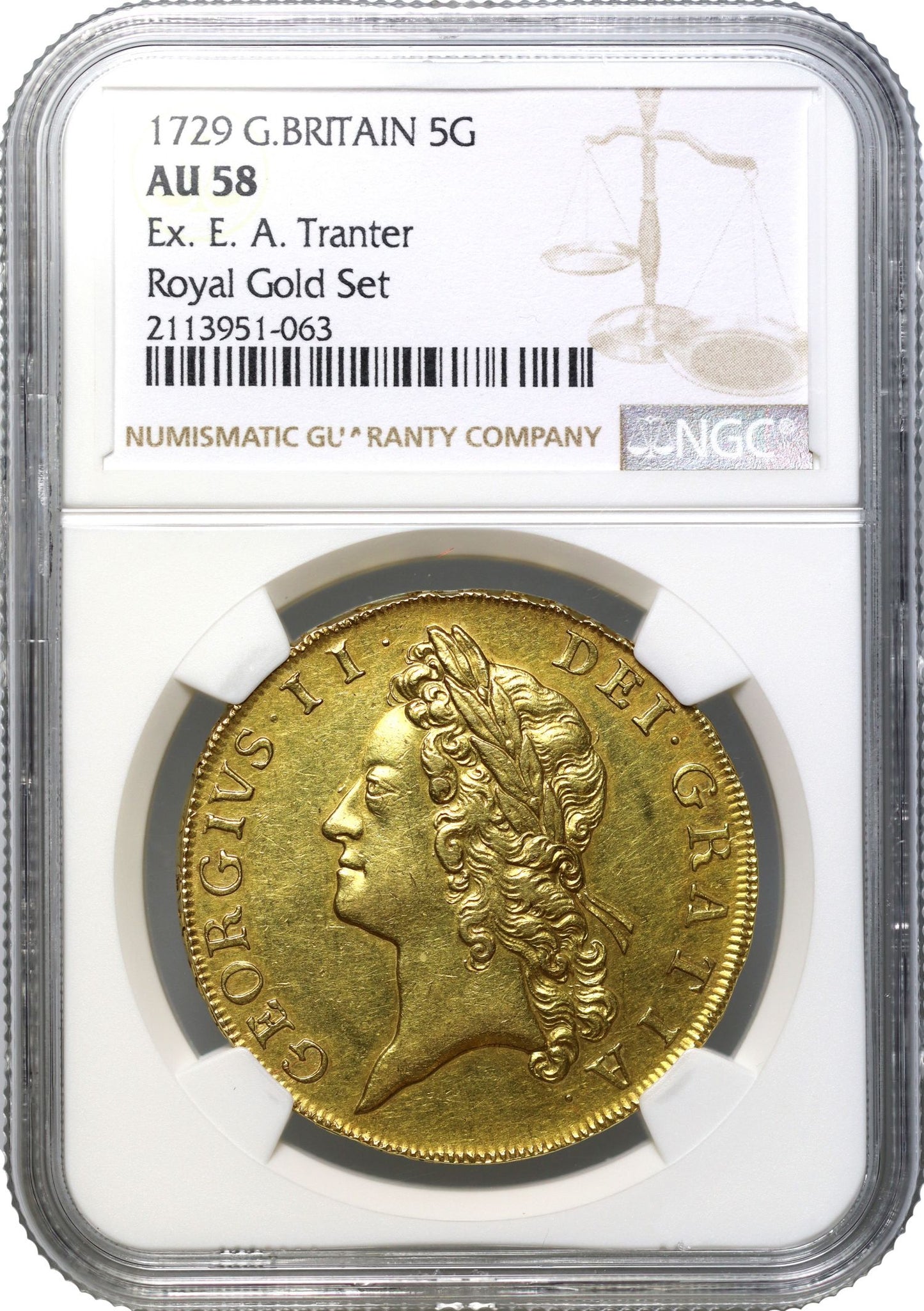 George II 1729 Five-Guineas, young bust, NGC AU58, plain below bust