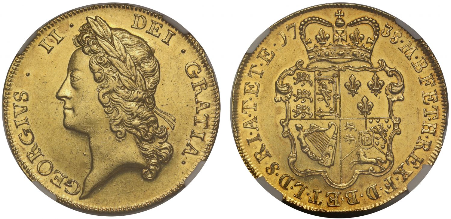 George II 1738 Five-Guineas, young bust, MS61+, edge year DVODECIMO