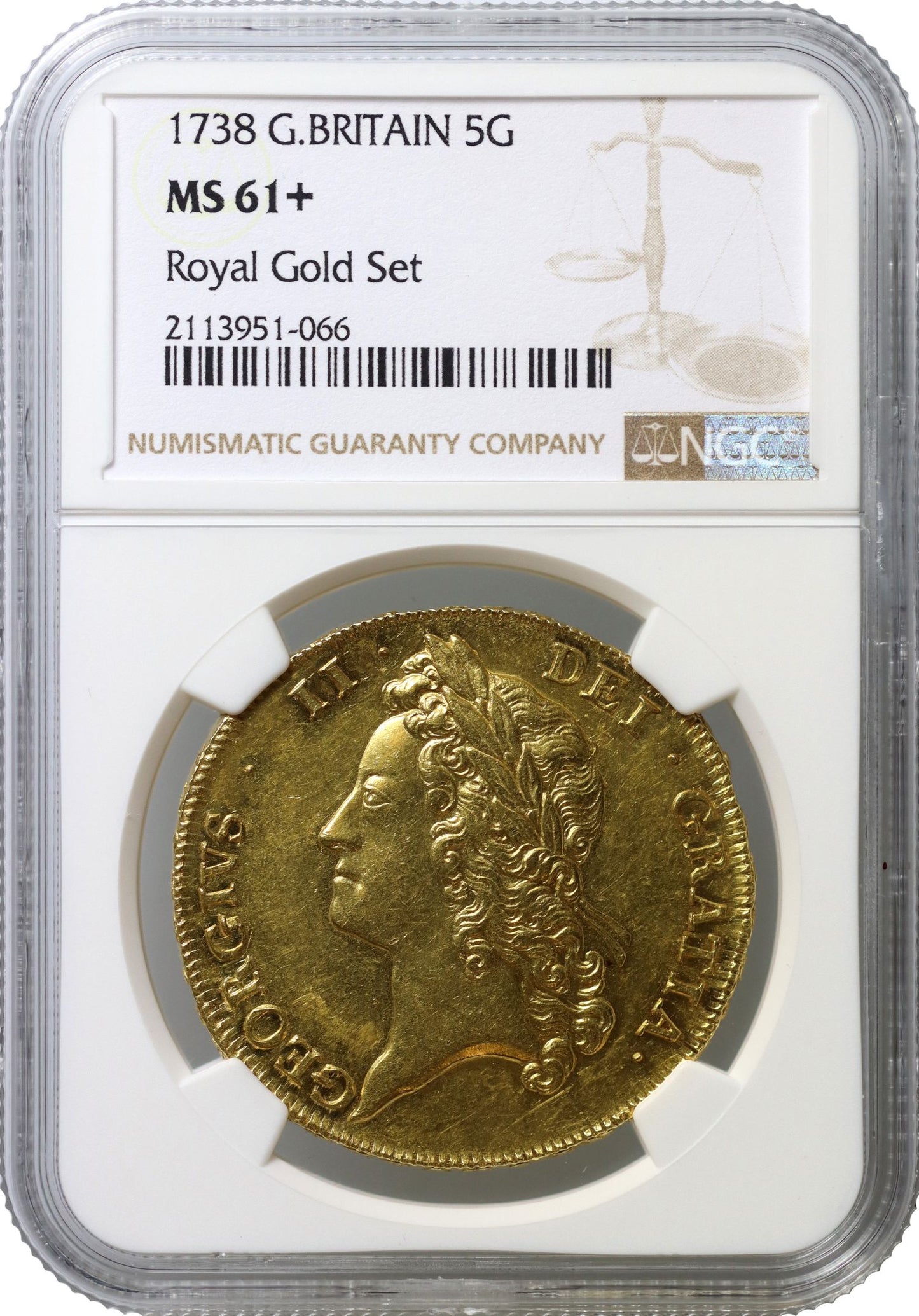 George II 1738 Five-Guineas, young bust, MS61+, edge year DVODECIMO