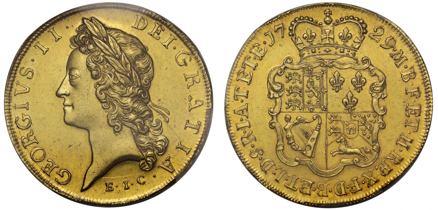 George II 1729 EIC Five-Guineas PCGS MS61, East India Company gold