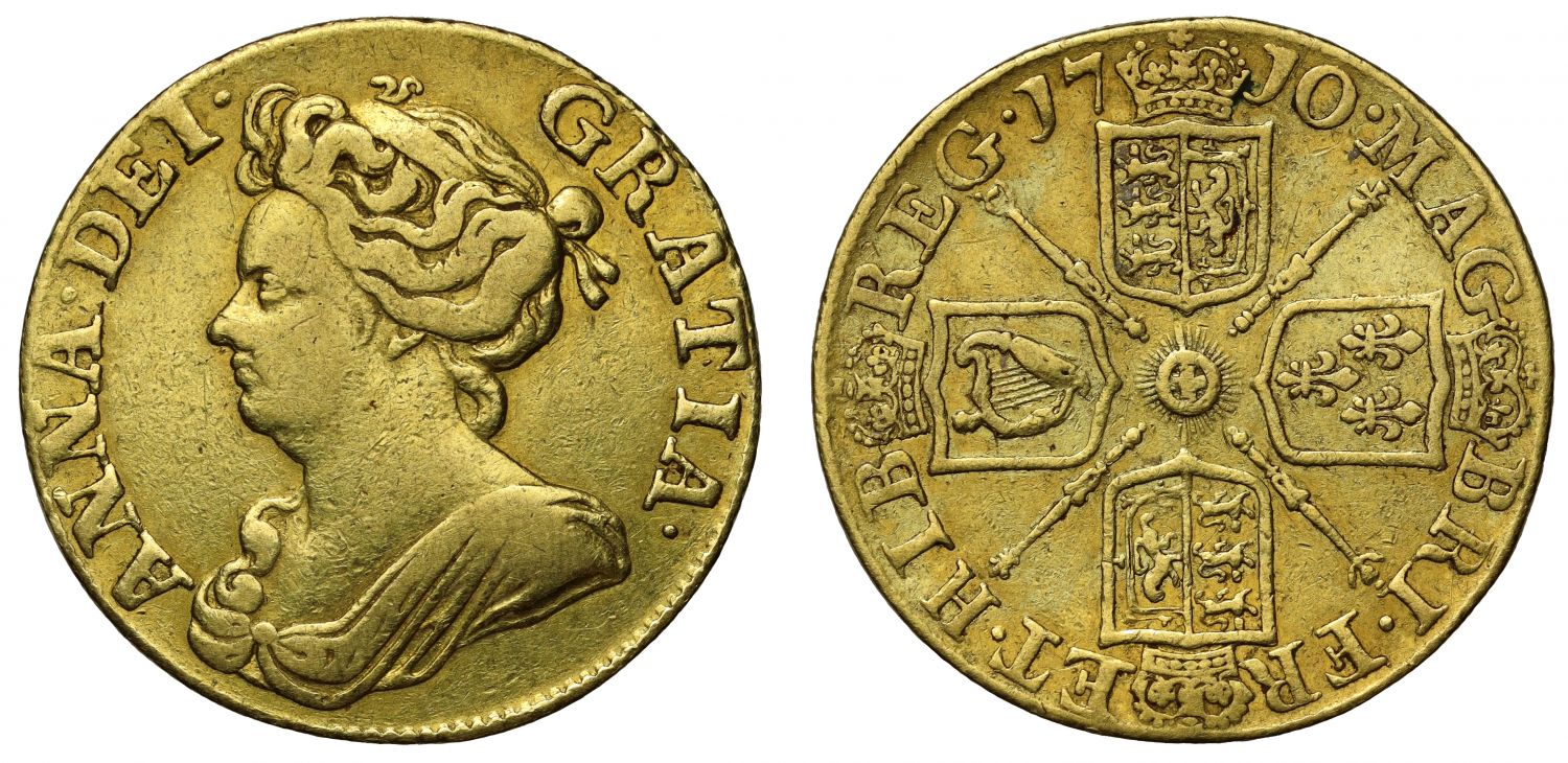 Anne 1710 Guinea, third bust, rarer date