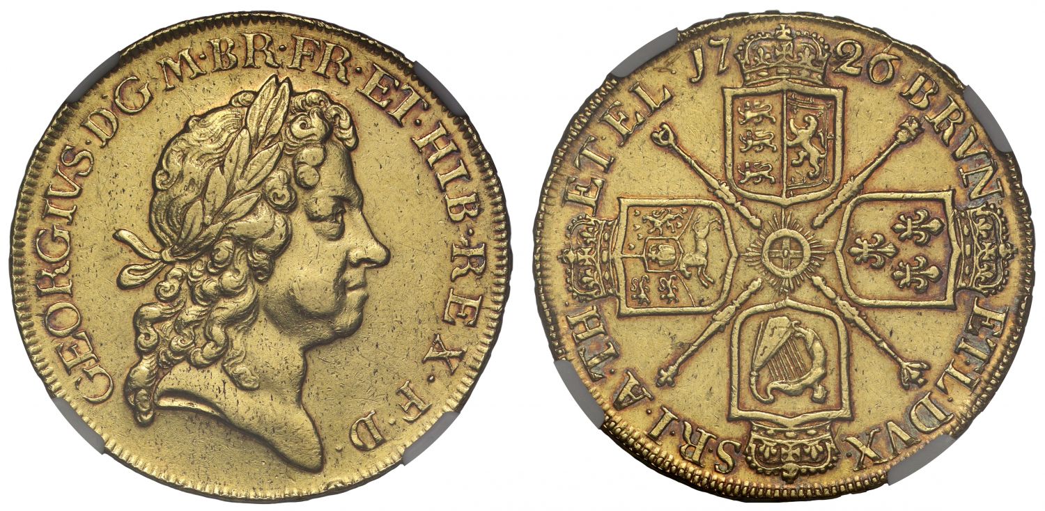 George I 1726 Five-Guineas, final date for reign, inverted letter Ns on edge