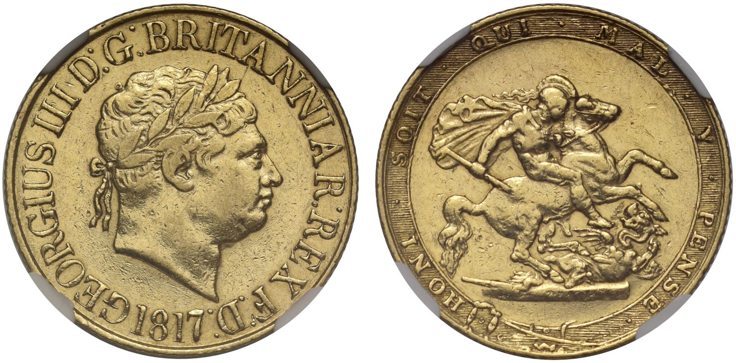 George III 1817 Sovereign, first year of modern sovereign NGC XF45
