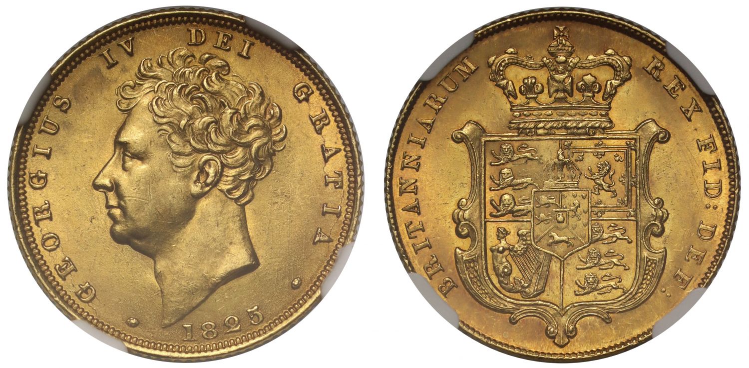 George IV 1825 Sovereign bare head, shield reverse MS61