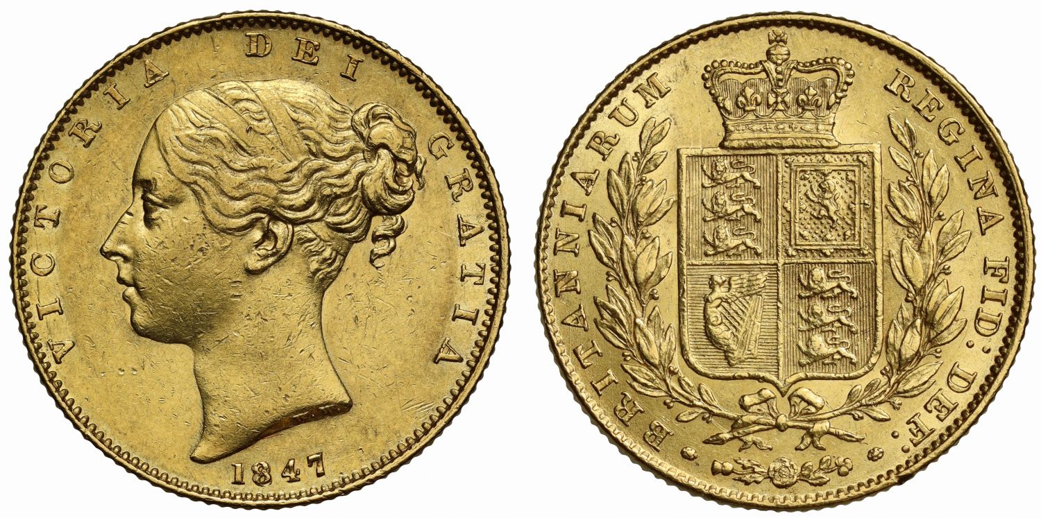 Victoria 1847 Sovereign, first young head, shield reverse