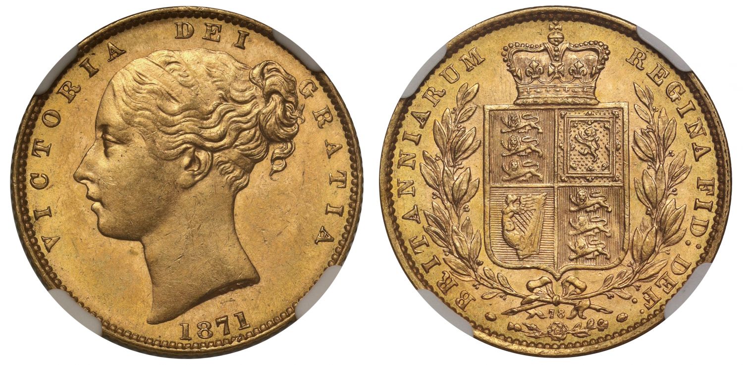 Victoria 1871 Sovereign, shield reverse die no.78, NGC MS62