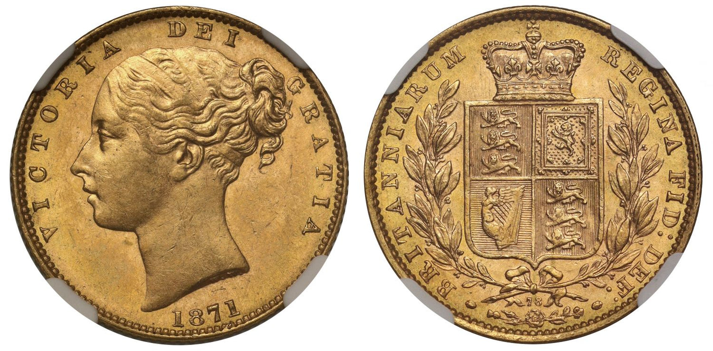Victoria 1871 Sovereign, shield reverse die no.78, NGC MS62