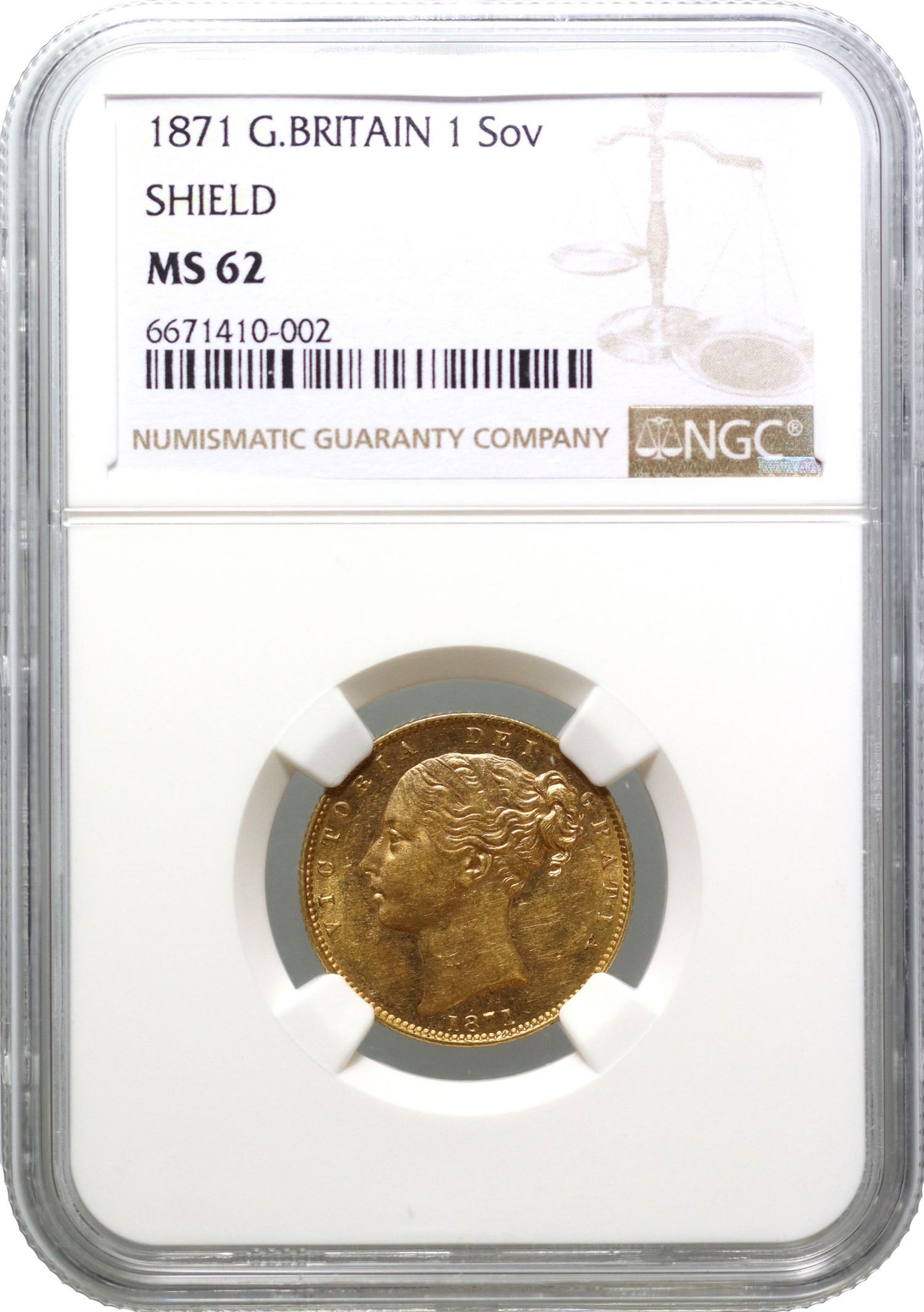 Victoria 1871 Sovereign, shield reverse die no.78, NGC MS62