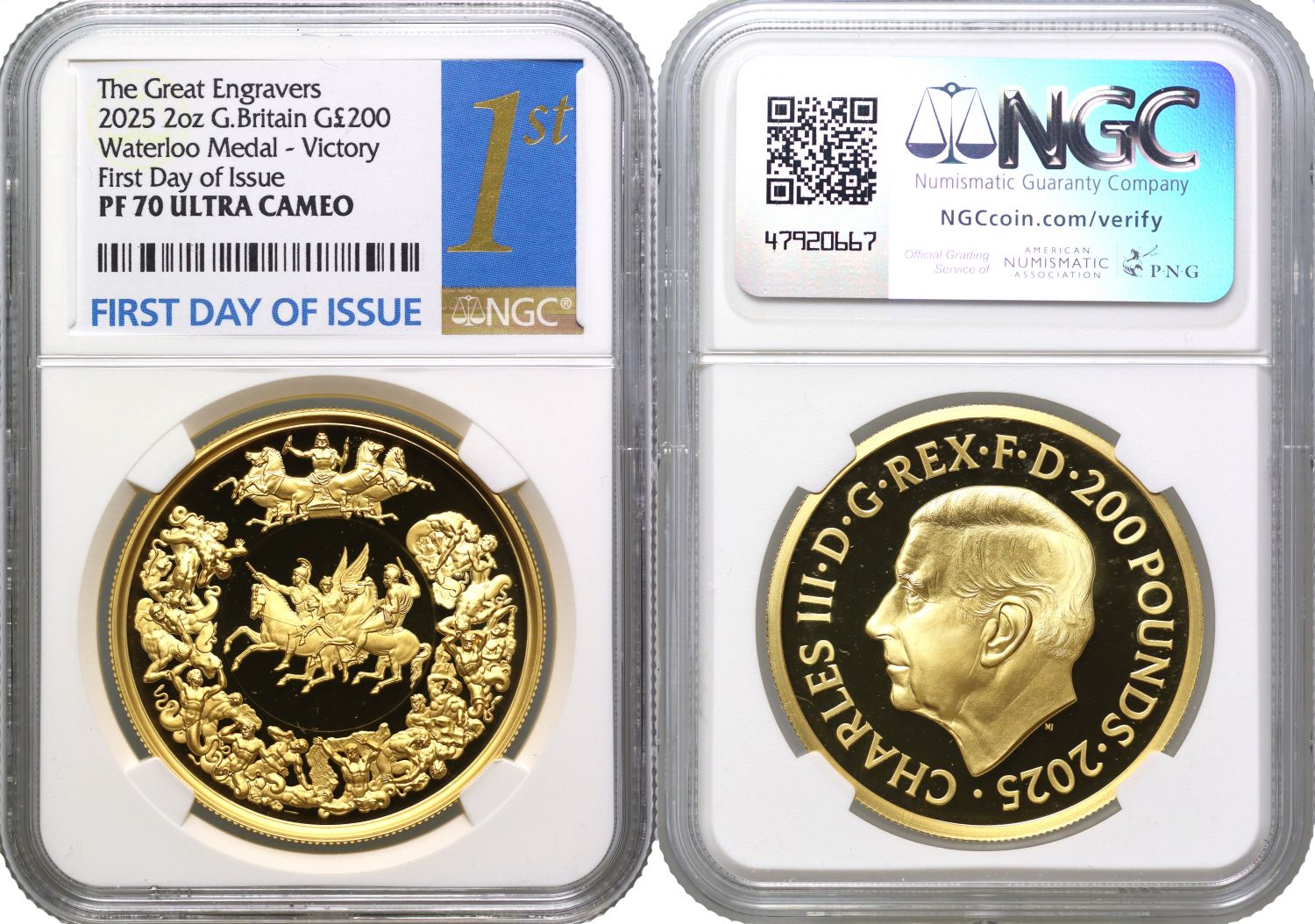 * Charles III 2025 PF70 UC FDI gold 2oz Waterloo Victory