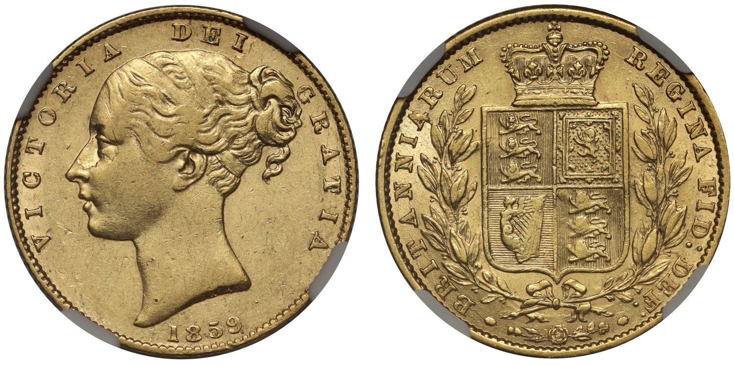 Victoria 1859 'Ansell' Sovereign, with extra line to ribbon, NGC AU50