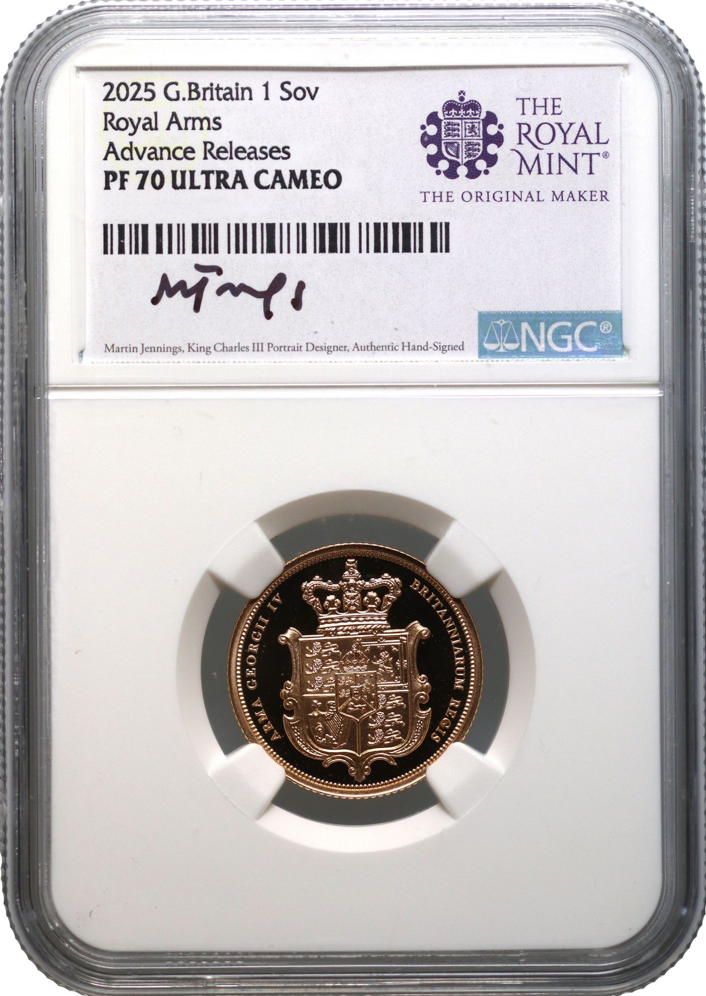 * Charles III 2025 PF70 UC Shield Sovereign, Advance Releases, Signed Label