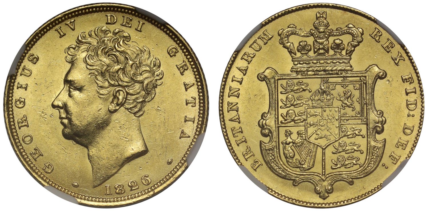 George IV 1826 Sovereign, bare head, shield reverse, MS62