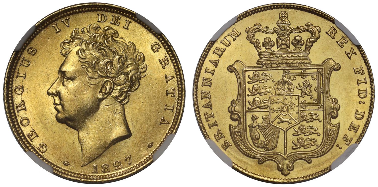 George IV 1827 Sovereign, bare head shield reverse, MS63