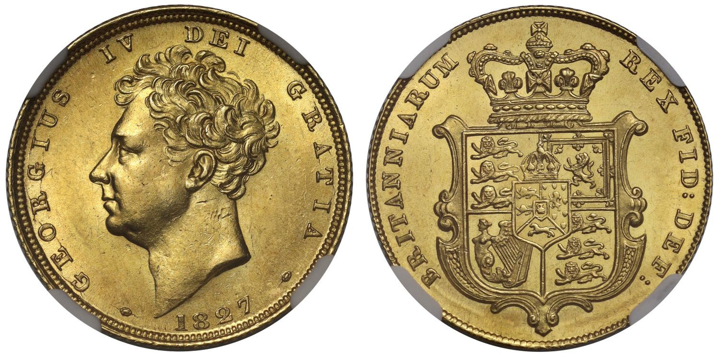 George IV 1827 Sovereign, bare head shield reverse, MS63