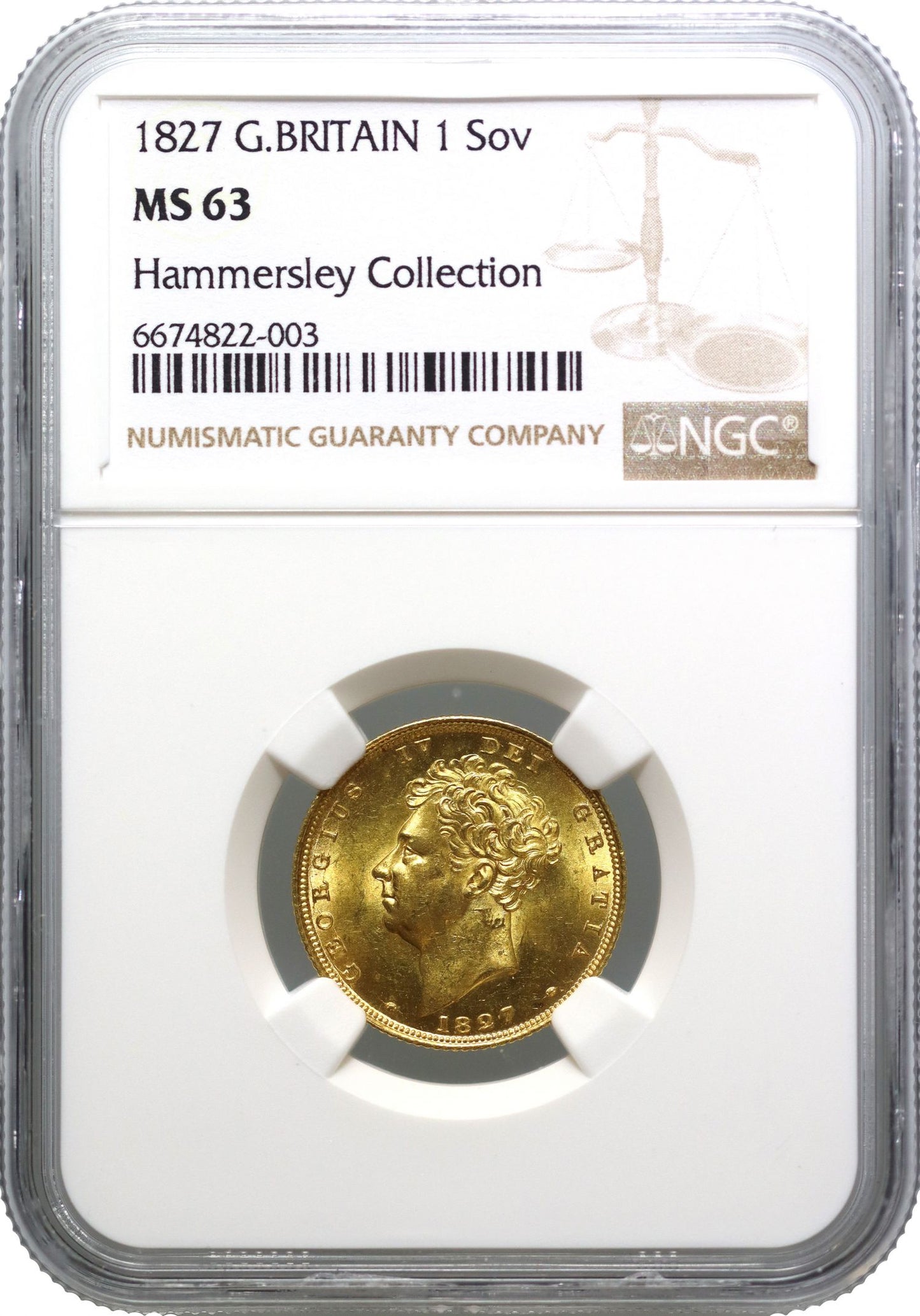George IV 1827 Sovereign, bare head shield reverse, MS63