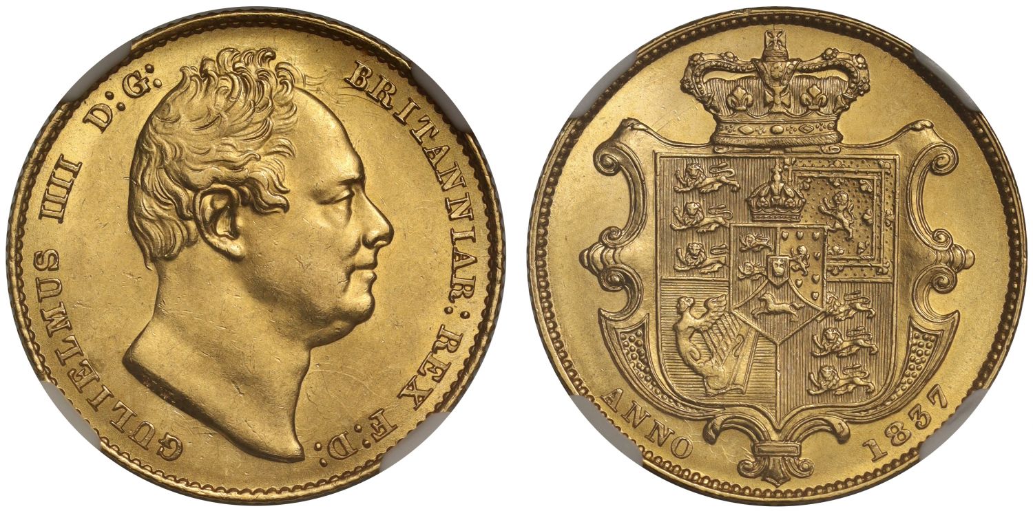 William IV 1837 Sovereign second head MS62, ex Bentley Collection