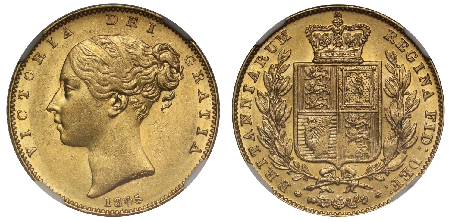 Victoria 1845 Sovereign, with 4 of date struck over inverted 4, MS61 finest graded