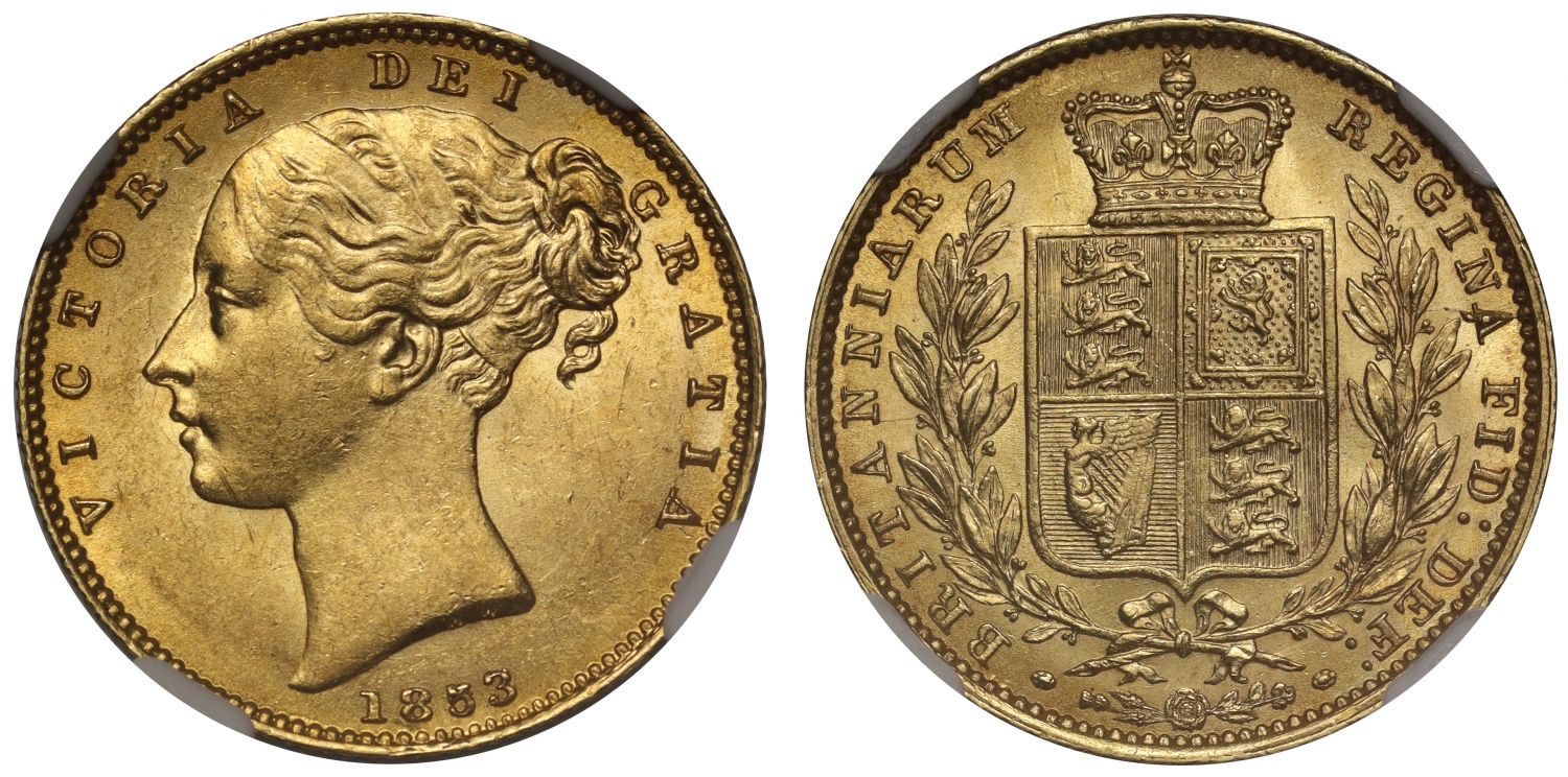 Victoria 1853 Sovereign W.W. incuse on truncation NGC MS62 - joint 3rd finest