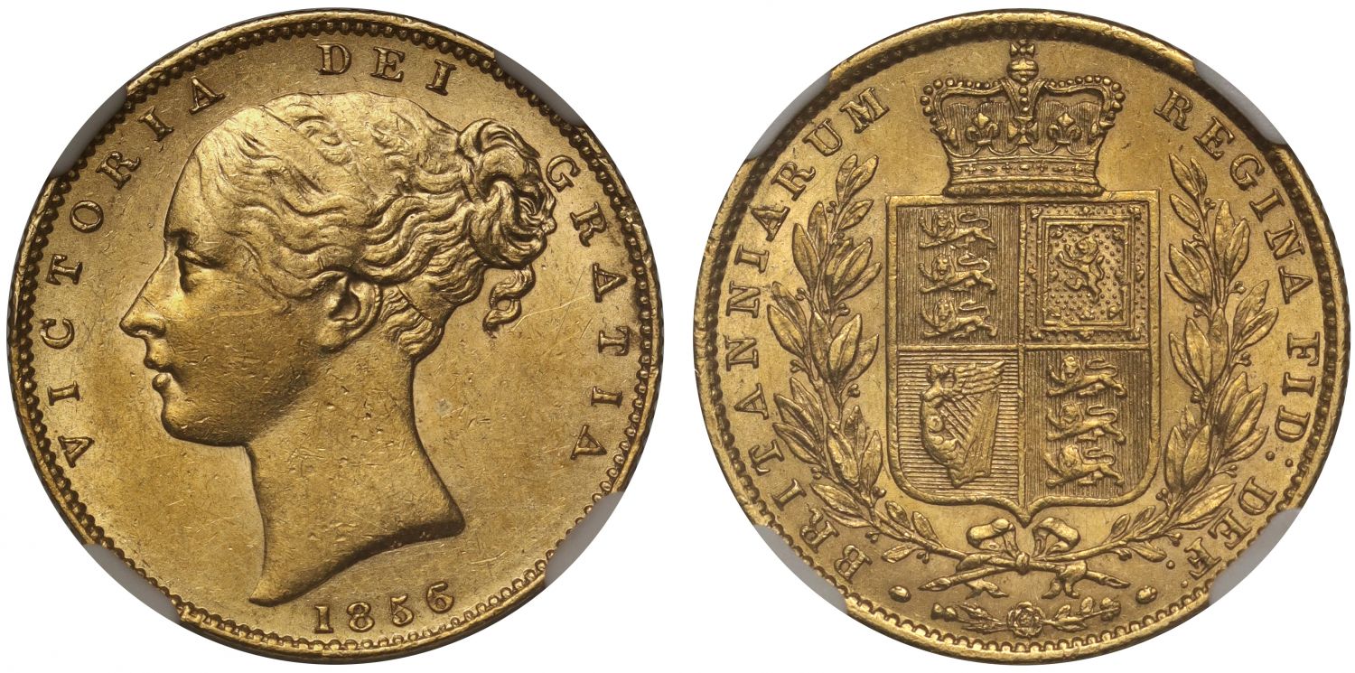 Victoria 1856 Sovereign with 6 over 5, MS61, Ex Bentley Collection