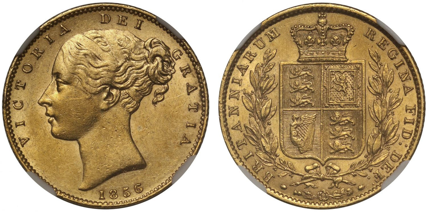Victoria 1856 Sovereign with 6 over 5, MS61, Ex Bentley Collection