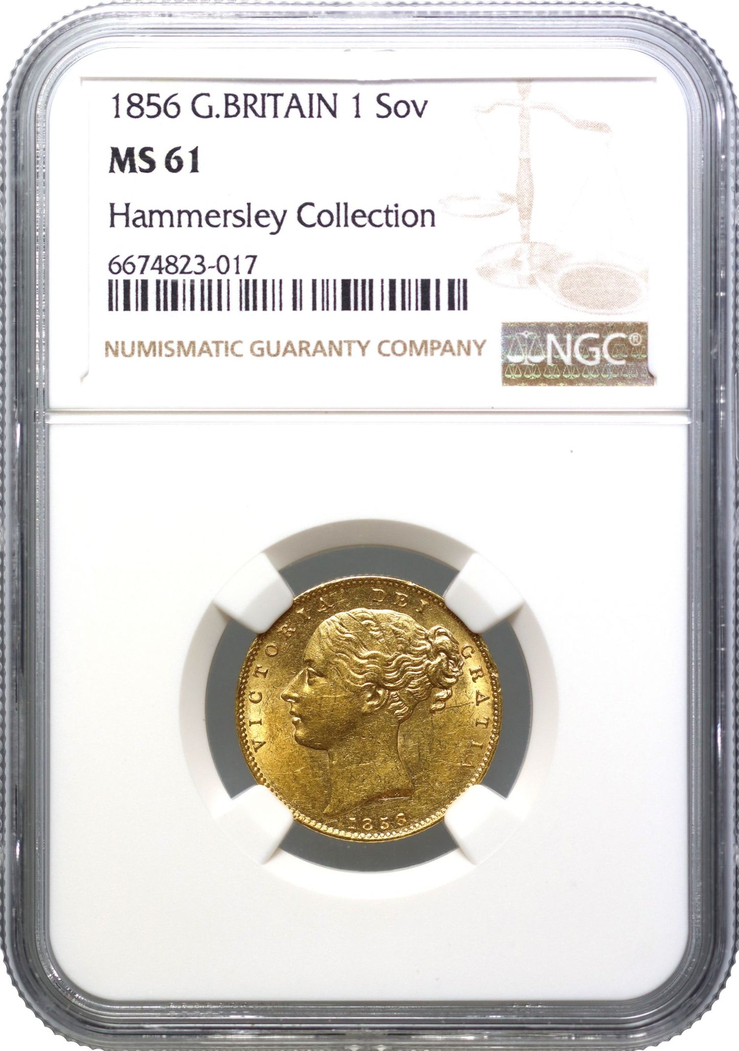 Victoria 1856 Sovereign with 6 over 5, MS61, Ex Bentley Collection