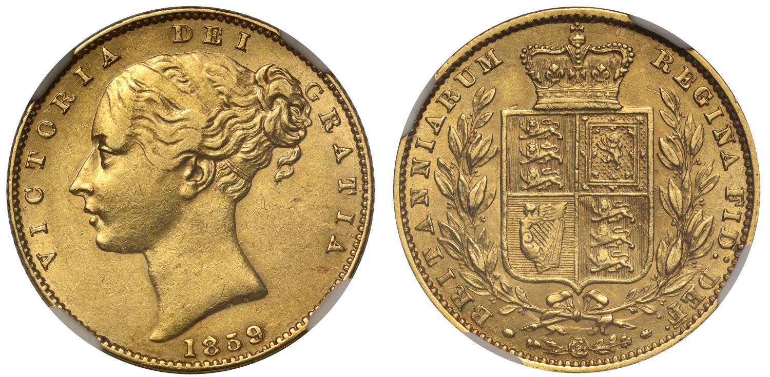 Victoria 1859 'Ansell' Sovereign, extra line in hair, AU58