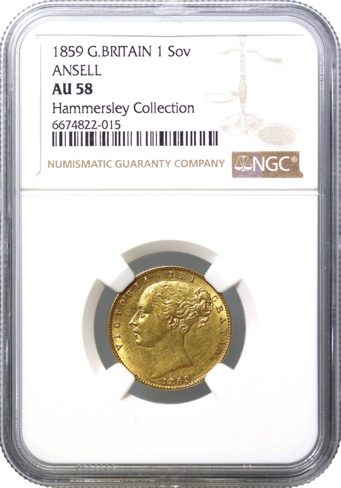 Victoria 1859 'Ansell' Sovereign, extra line in hair, AU58