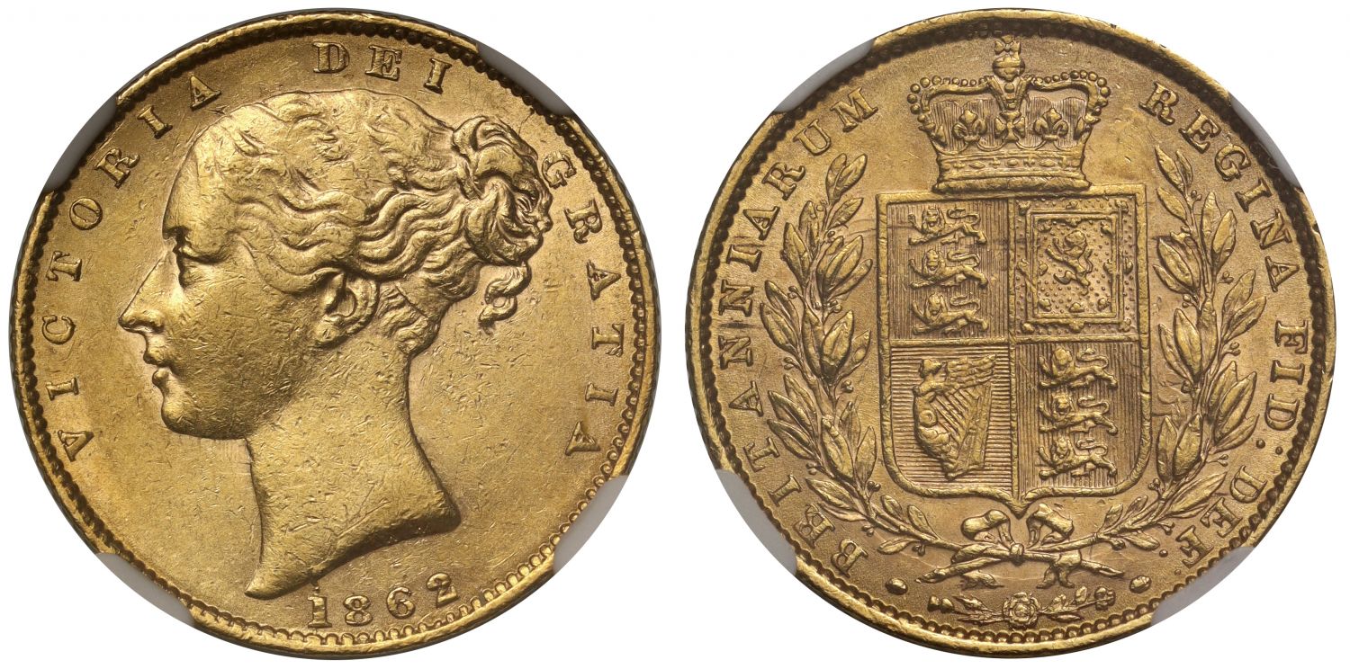 Victoria 1862 Sovereign, R struck over E in BRITANNIARUM, NGC AU58