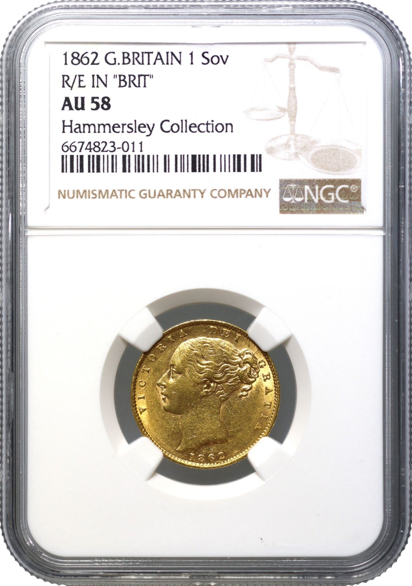 Victoria 1862 Sovereign, R struck over E in BRITANNIARUM, NGC AU58