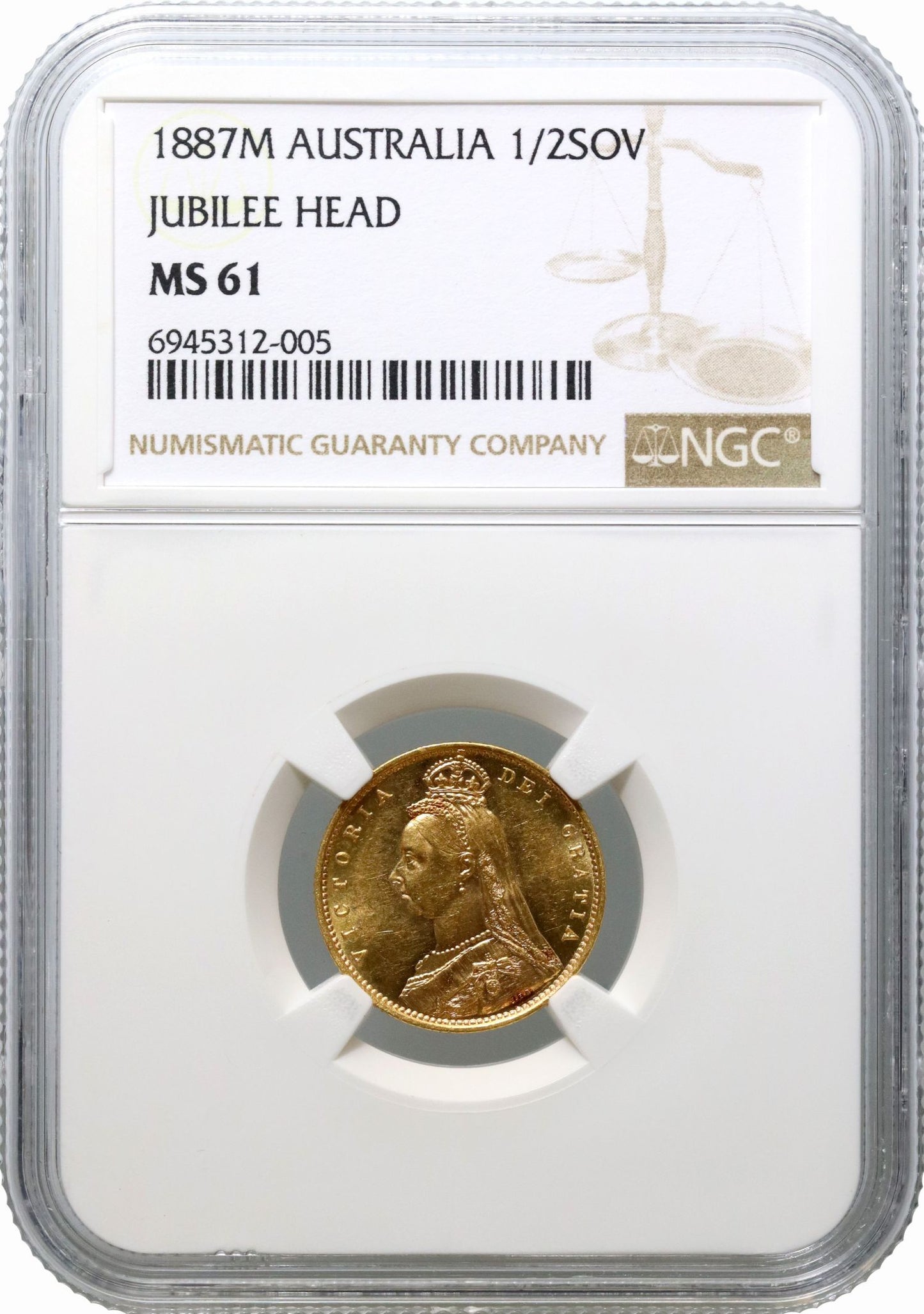 Victoria 1887-M Half-Sovereign MS61, Melbourne Mint, hooked J close JEB