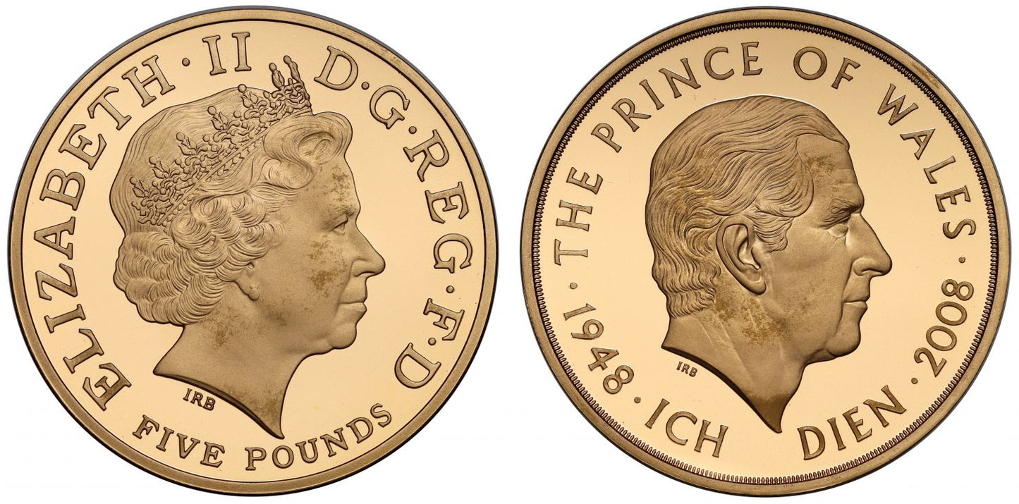 Elizabeth II 2008 proof Five-Pounds Prince Charles 60th Birthday, with IRB signed Certificate