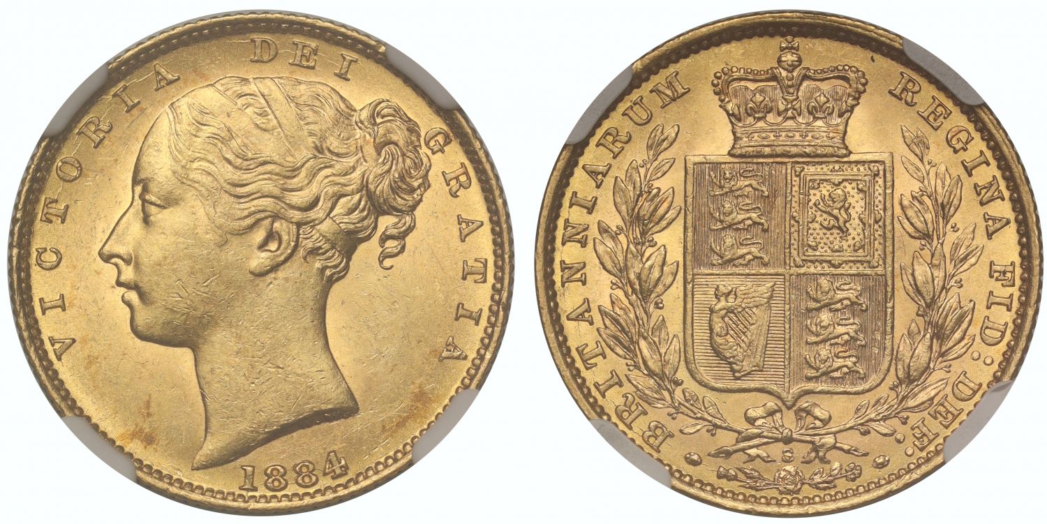 Victoria 1884-S Sovereign, Sydney, MS62, shield reverse