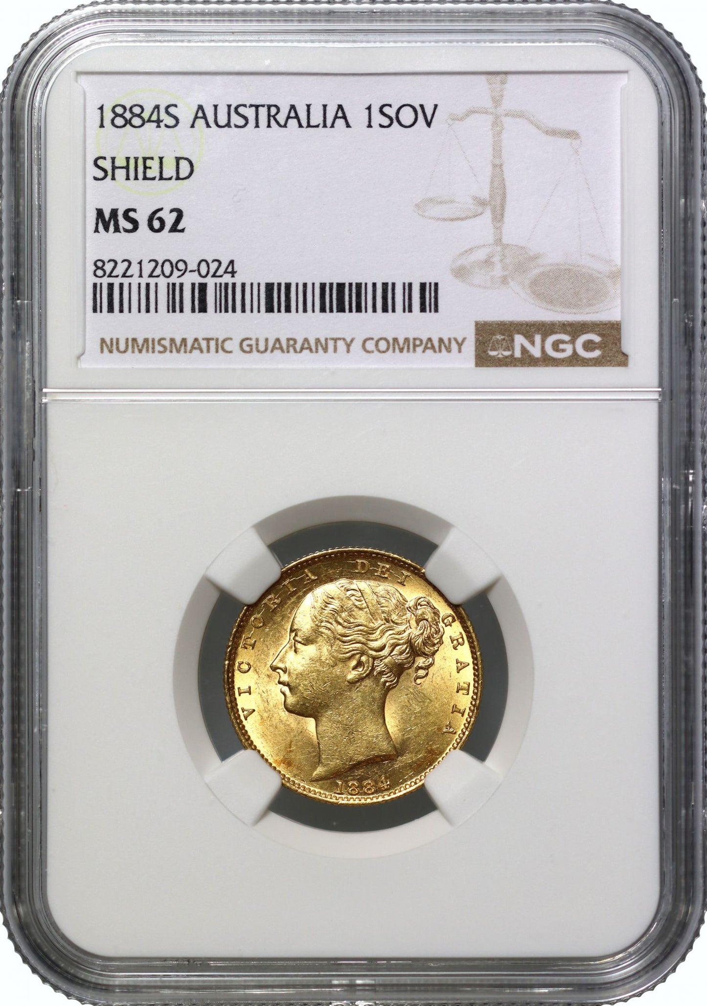 Victoria 1884-S Sovereign, Sydney, MS62, shield reverse