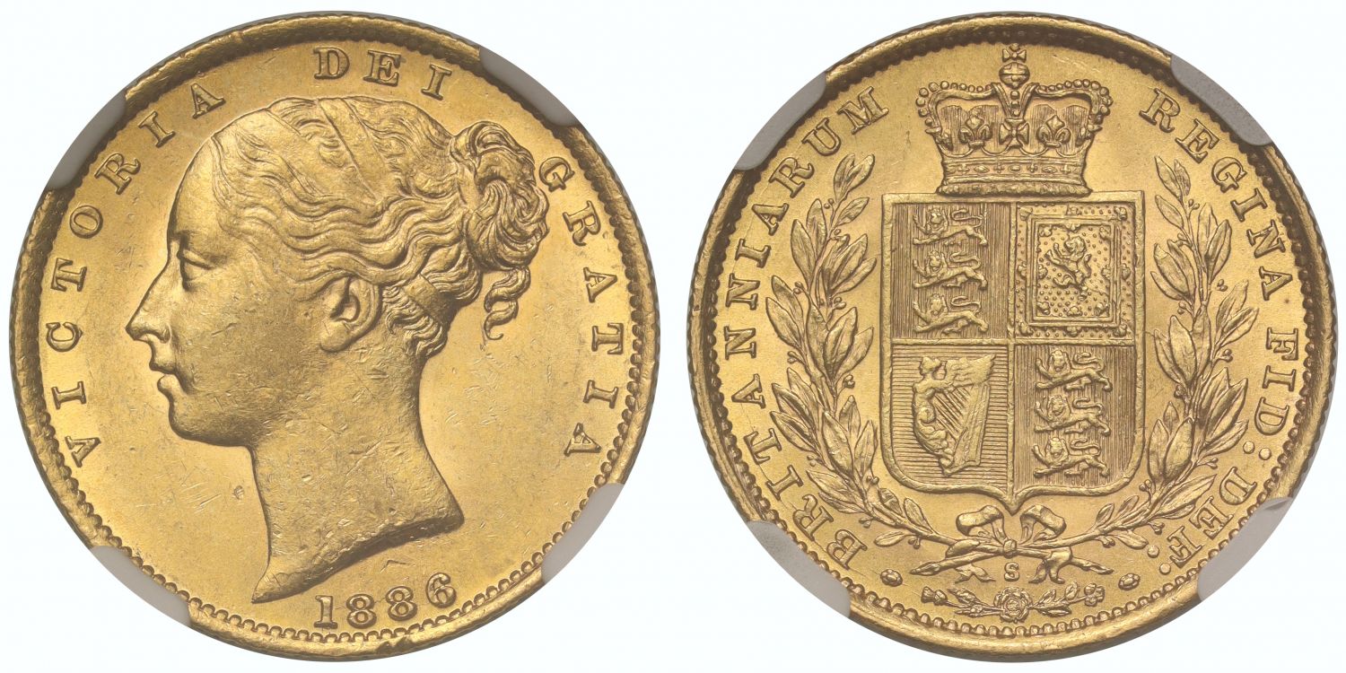 Victoria 1886-S Shield Sovereign, Sydney, AU58