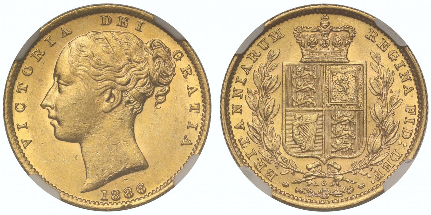Victoria 1886-S Shield Sovereign, Sydney, AU58