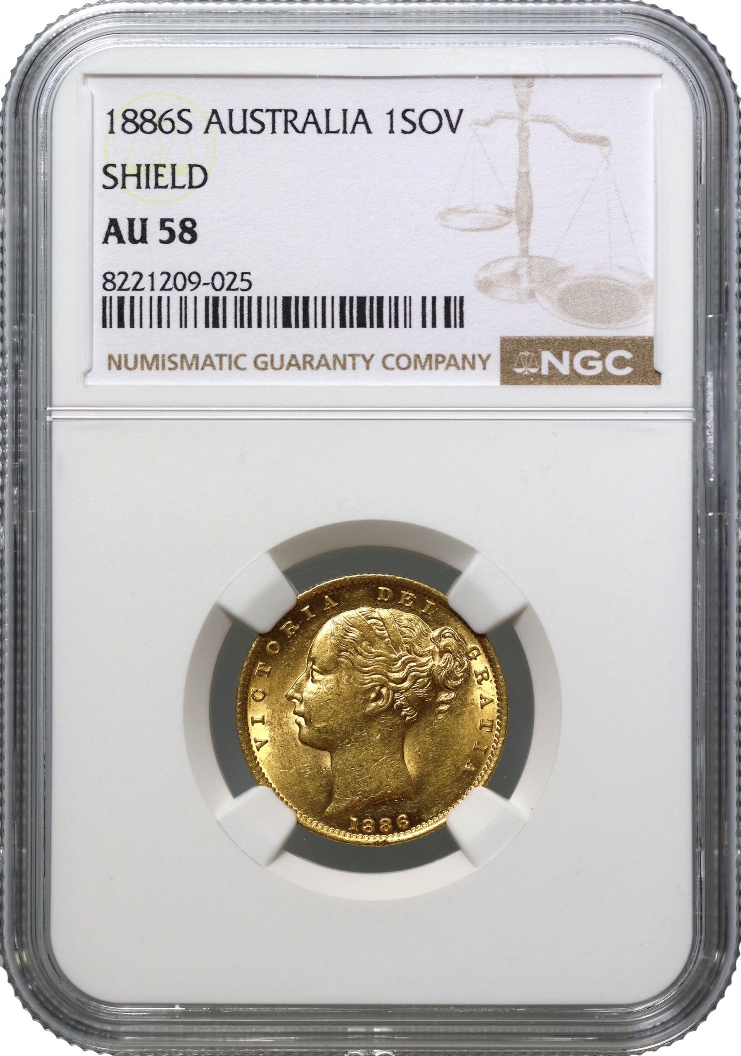 Victoria 1886-S Shield Sovereign, Sydney, AU58