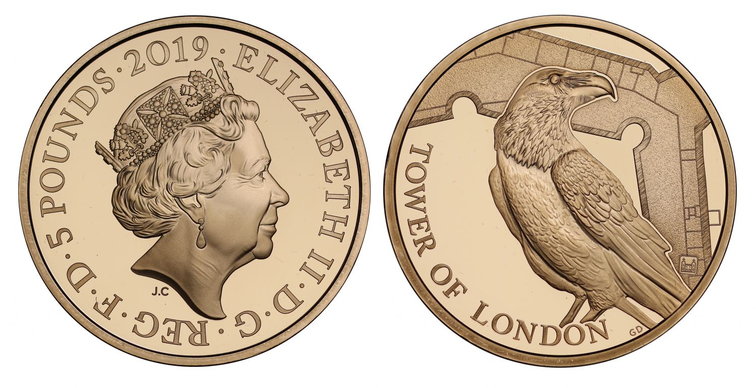 Elizabeth II 2019 proof Five-Pounds PF69 UC Tower of London Ravens