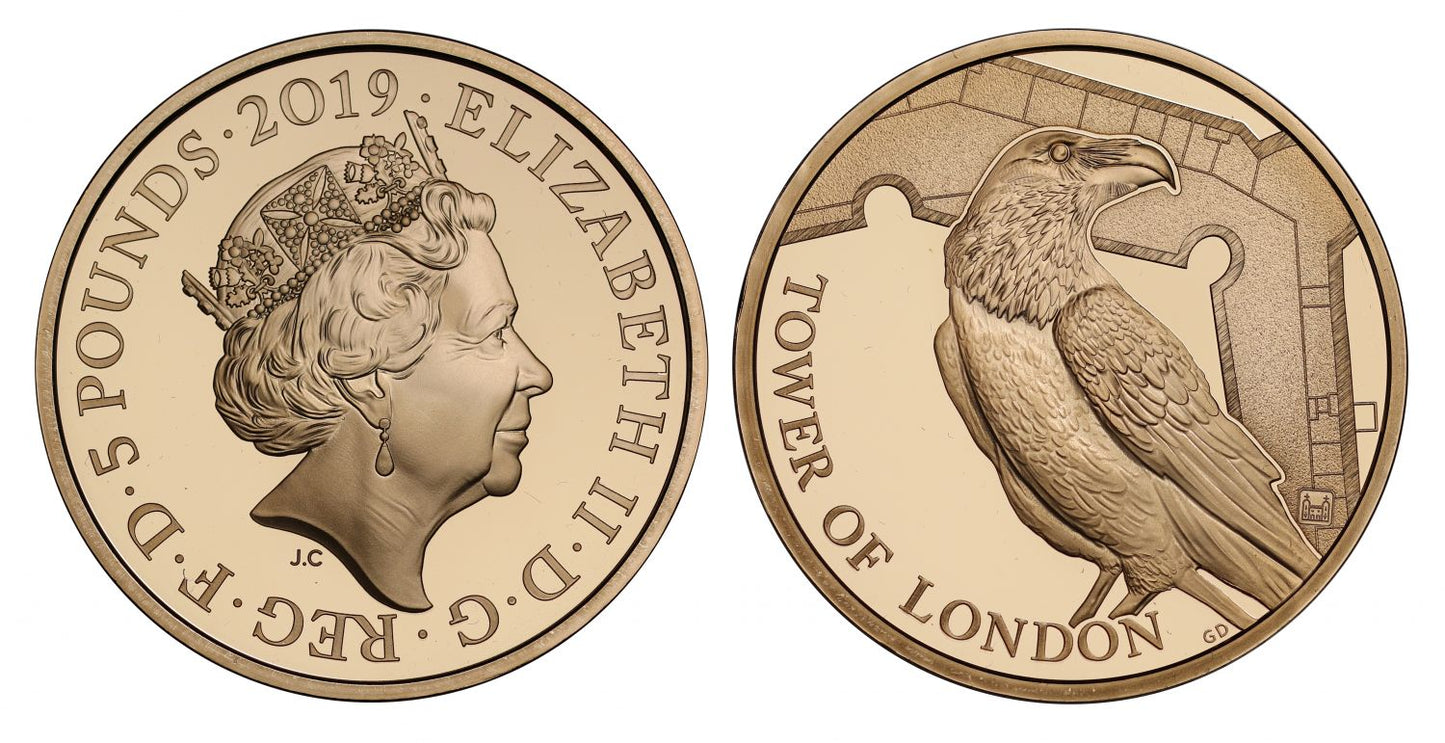 Elizabeth II 2019 proof Five-Pounds PF69 UC Tower of London Ravens