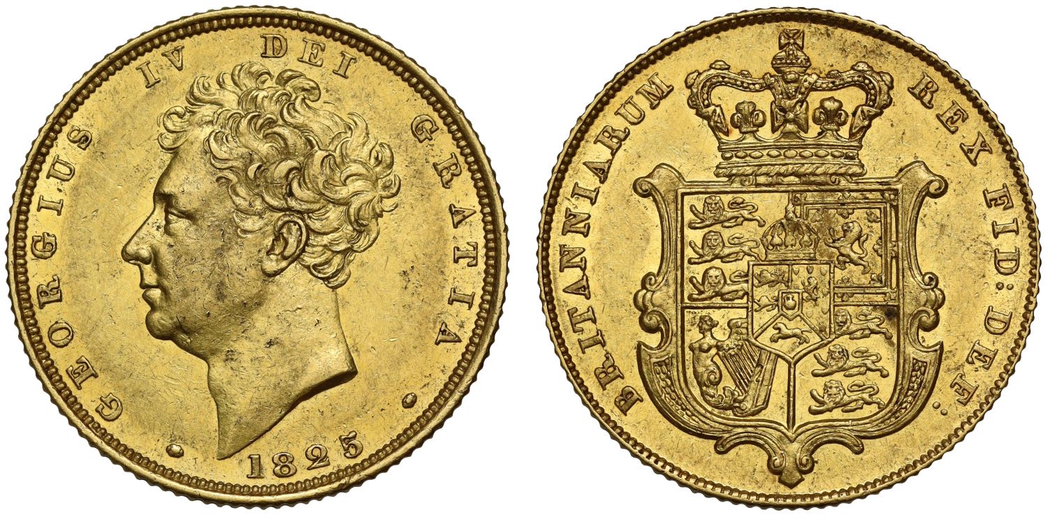 George IV 1825 Sovereign bare head, shield reverse