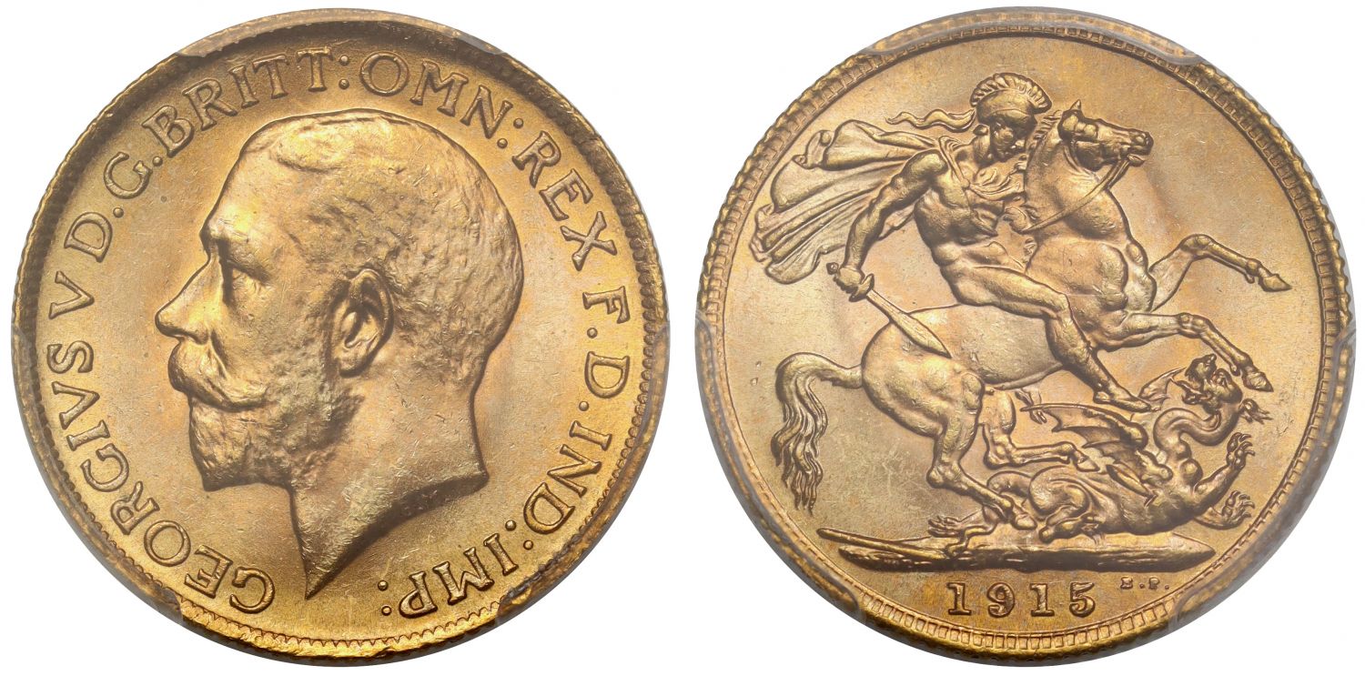George V 1915 Sovereign, London PCGS MS64
