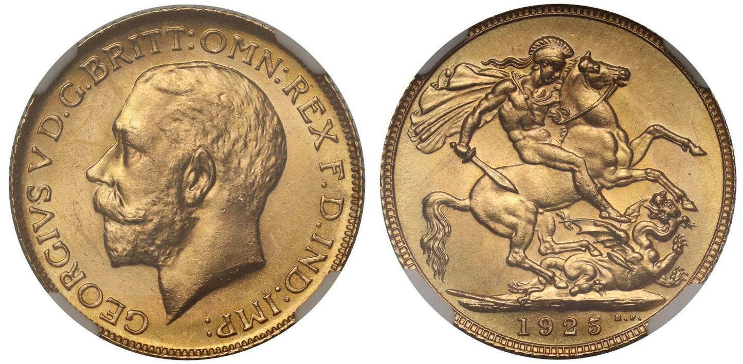 George V 1925 Sovereign, London, last issue of reign, NGC MS65