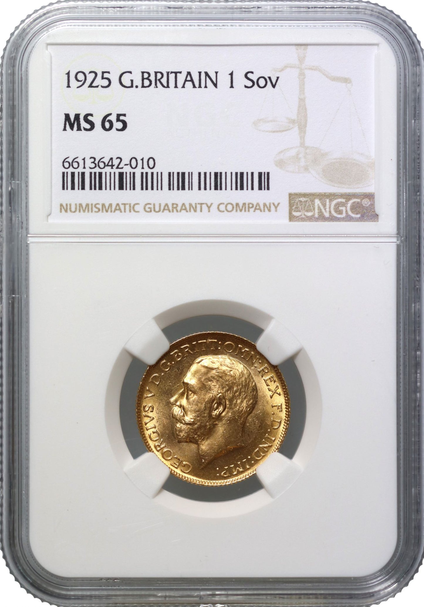 George V 1925 Sovereign, London, last issue of reign, NGC MS65