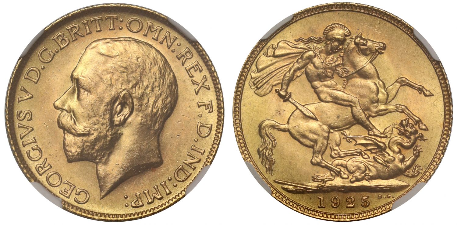 George V 1925 Sovereign, last issue from London in this reign NGC MS65