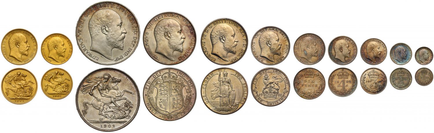 Edward VII 1902 11-coin matte proof Set, Coronation issue, Sovereign down