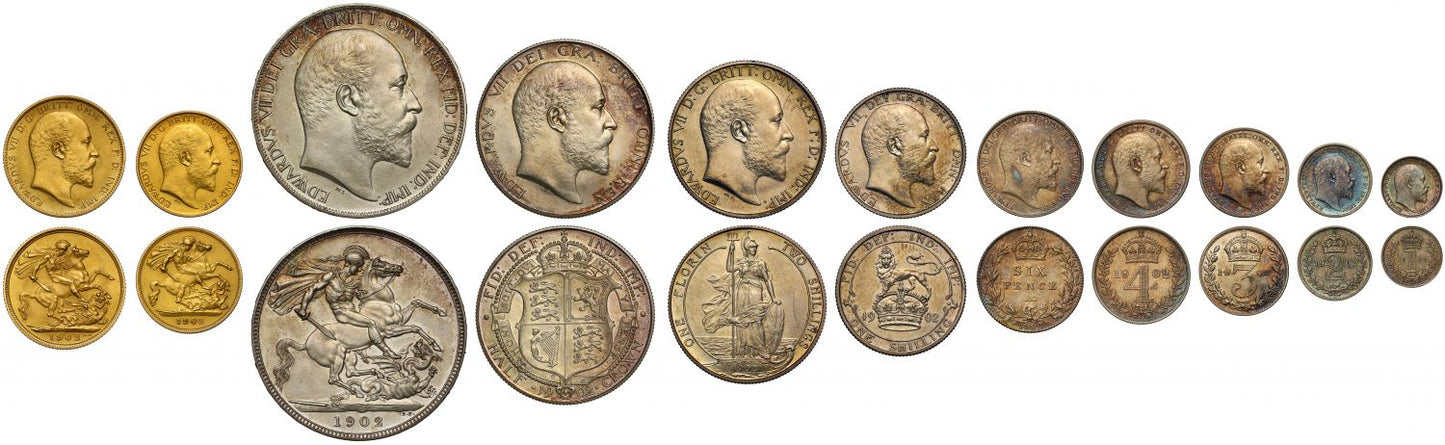 Edward VII 1902 11-coin matte proof Set, Coronation issue, Sovereign down