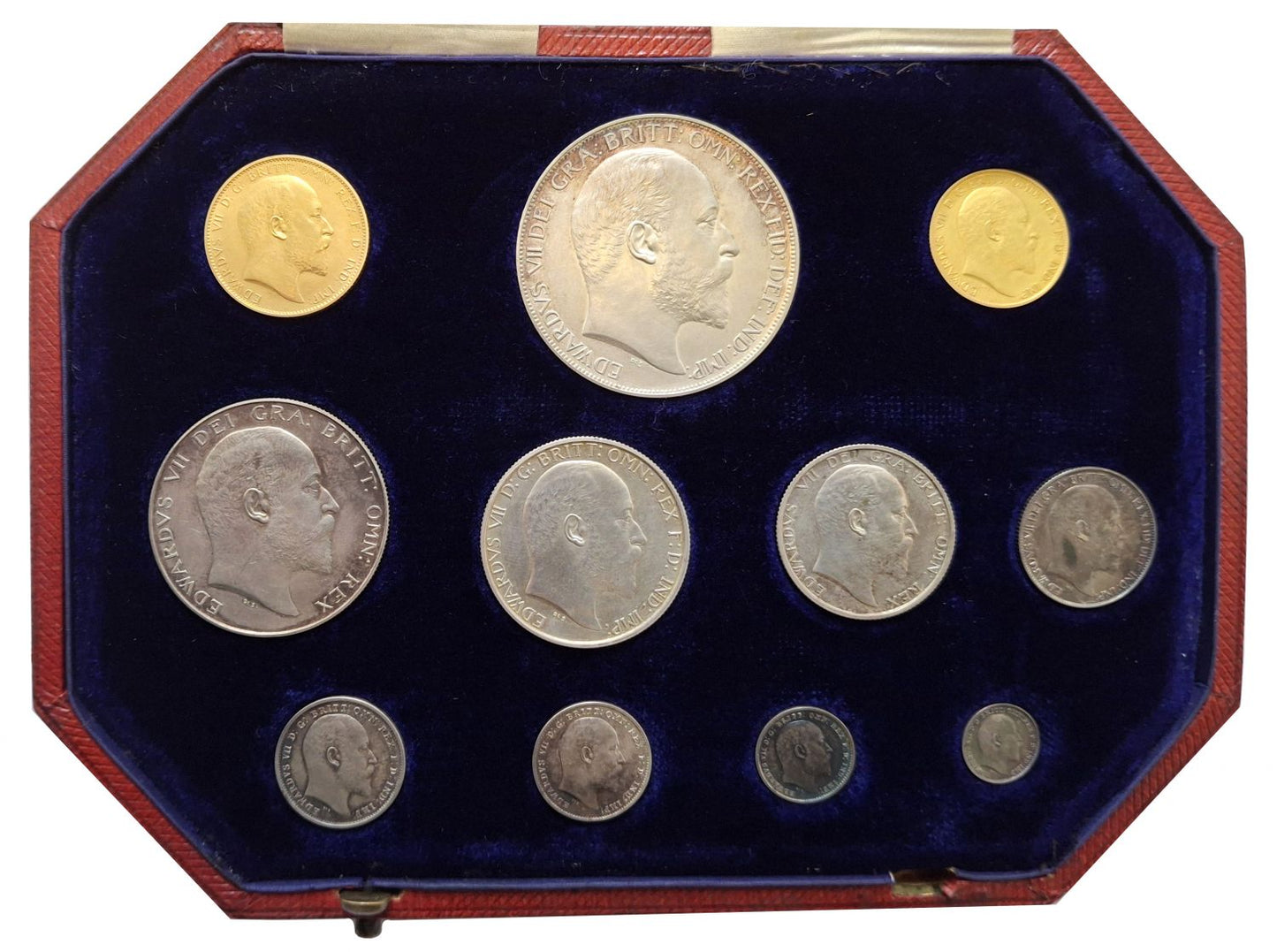 Edward VII 1902 11-coin matte proof Set, Coronation issue, Sovereign down