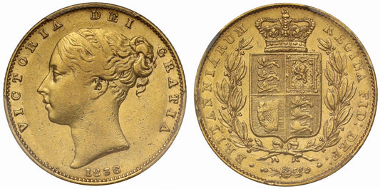 Victoria 1838 Sovereign "Narrow shield", AU53, third finest graded, extremely rare