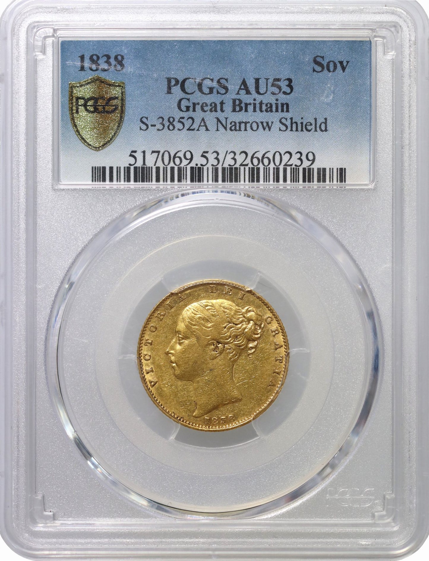 Victoria 1838 Sovereign "Narrow shield", AU53, third finest graded, extremely rare